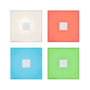 Four square glass panels in white, red, blue, and green with central metal square for light switches