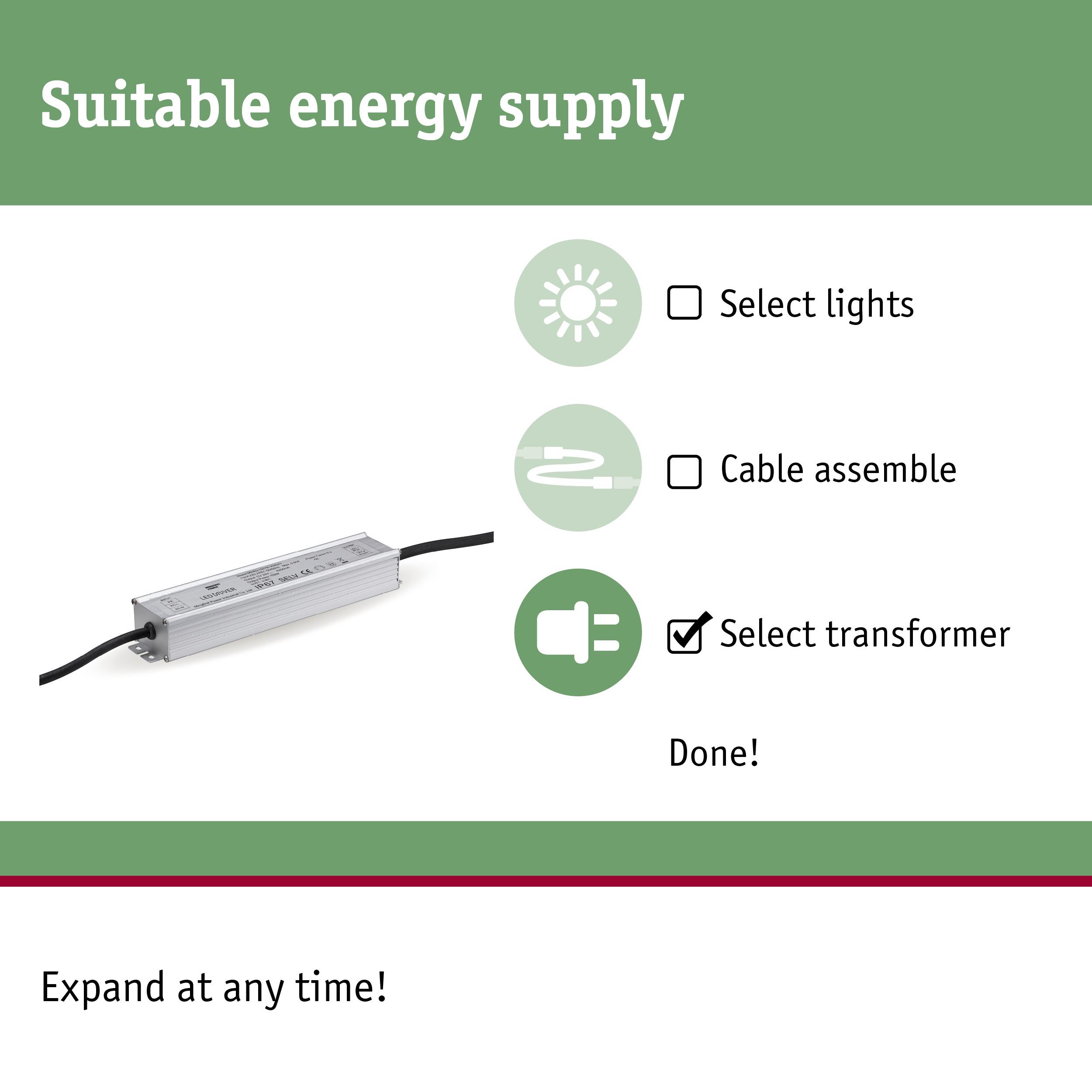 Aluminium transformer with cable for LED lighting, suitable for energy-efficient light systems