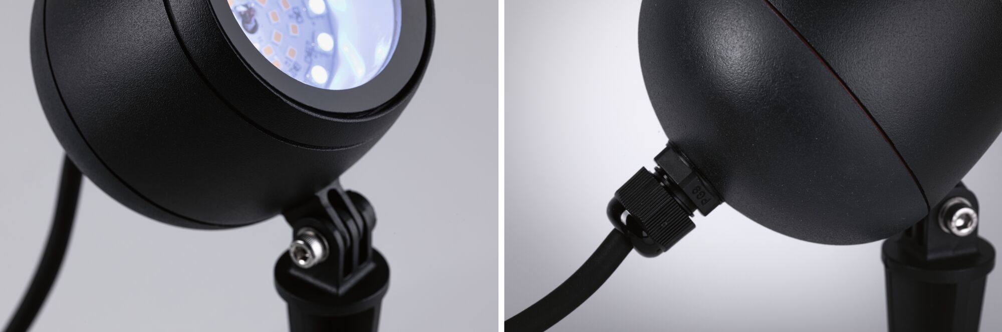 Black metal LED outdoor spotlight with adjustable head and weatherproof cable connection for garden lighting