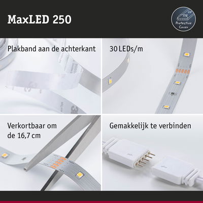 MaxLED 250 LED-strip met 30 LEDs per meter, plakband aan achterkant, verkortbaar en eenvoudig te verbinden