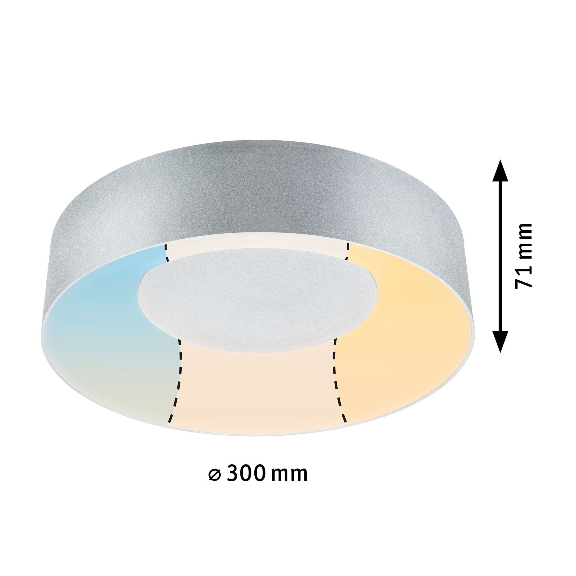 Runde LED-Deckenleuchte aus silbernem Metall mit 300 mm Durchmesser und 71 mm Höhe, dimmbar