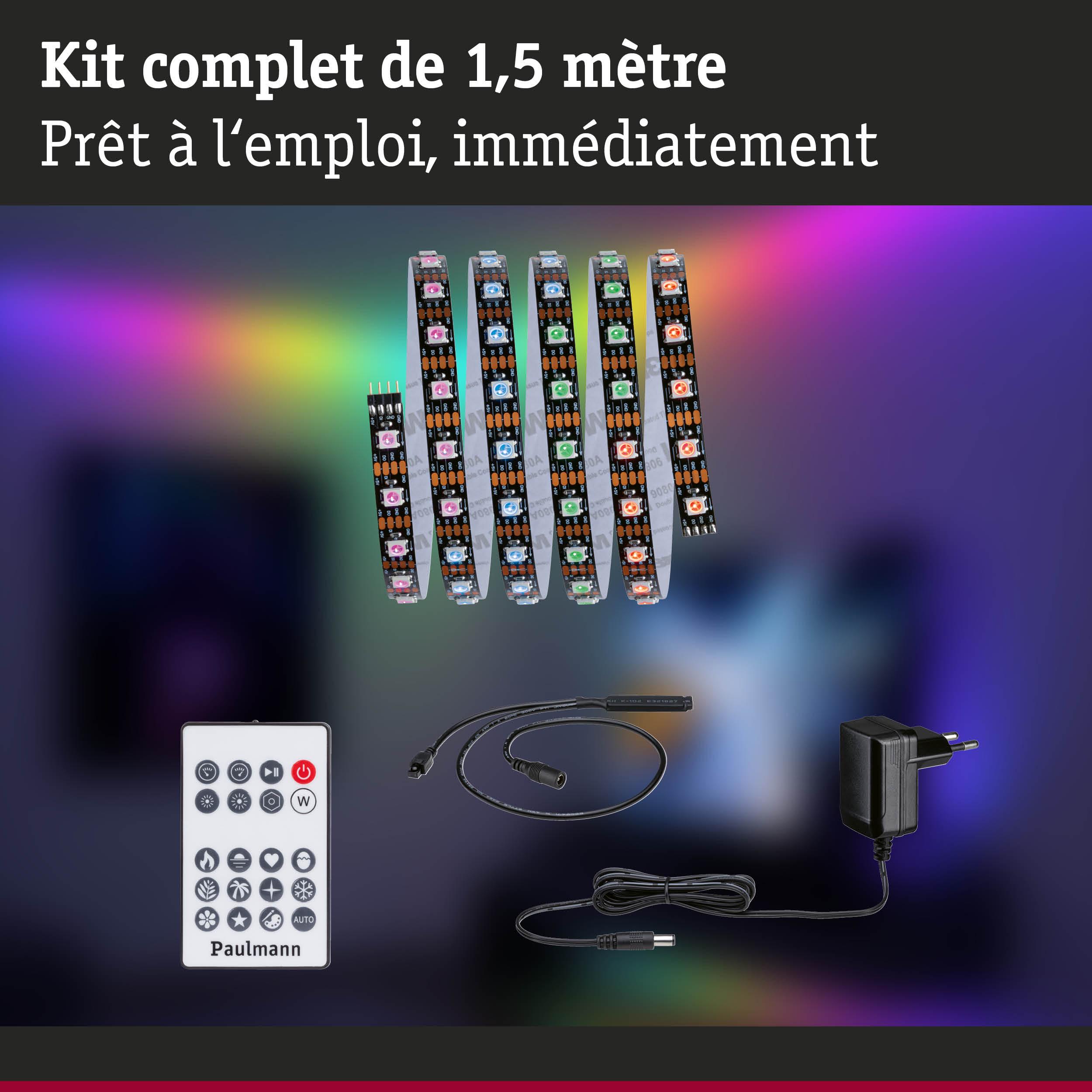 Kit bande LED de 1,5 m avec télécommande et alimentation pour éclairage RGB coloré