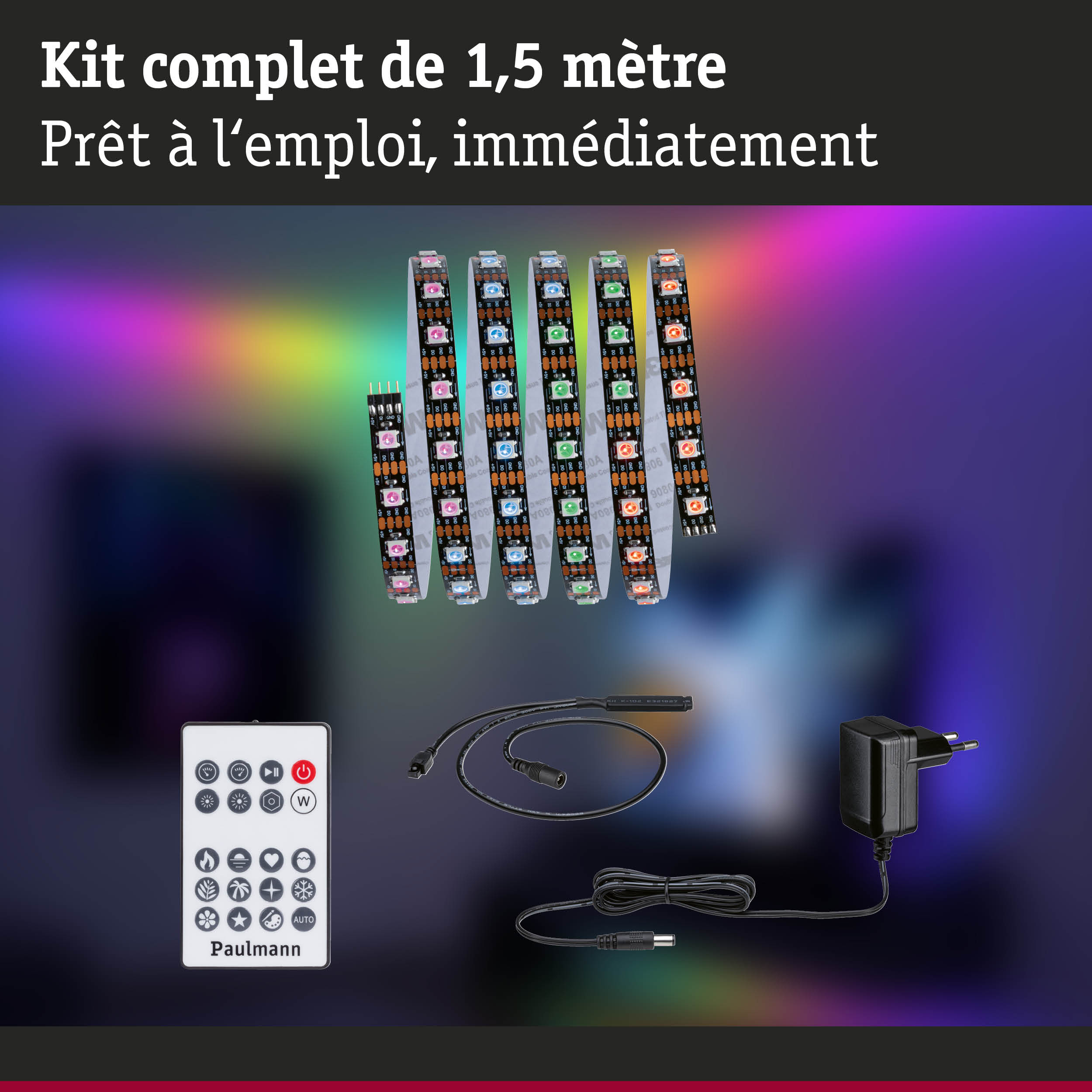 Kit complet de bande LED 1,5 m avec télécommande, alimentation et câbles pour éclairage RGB