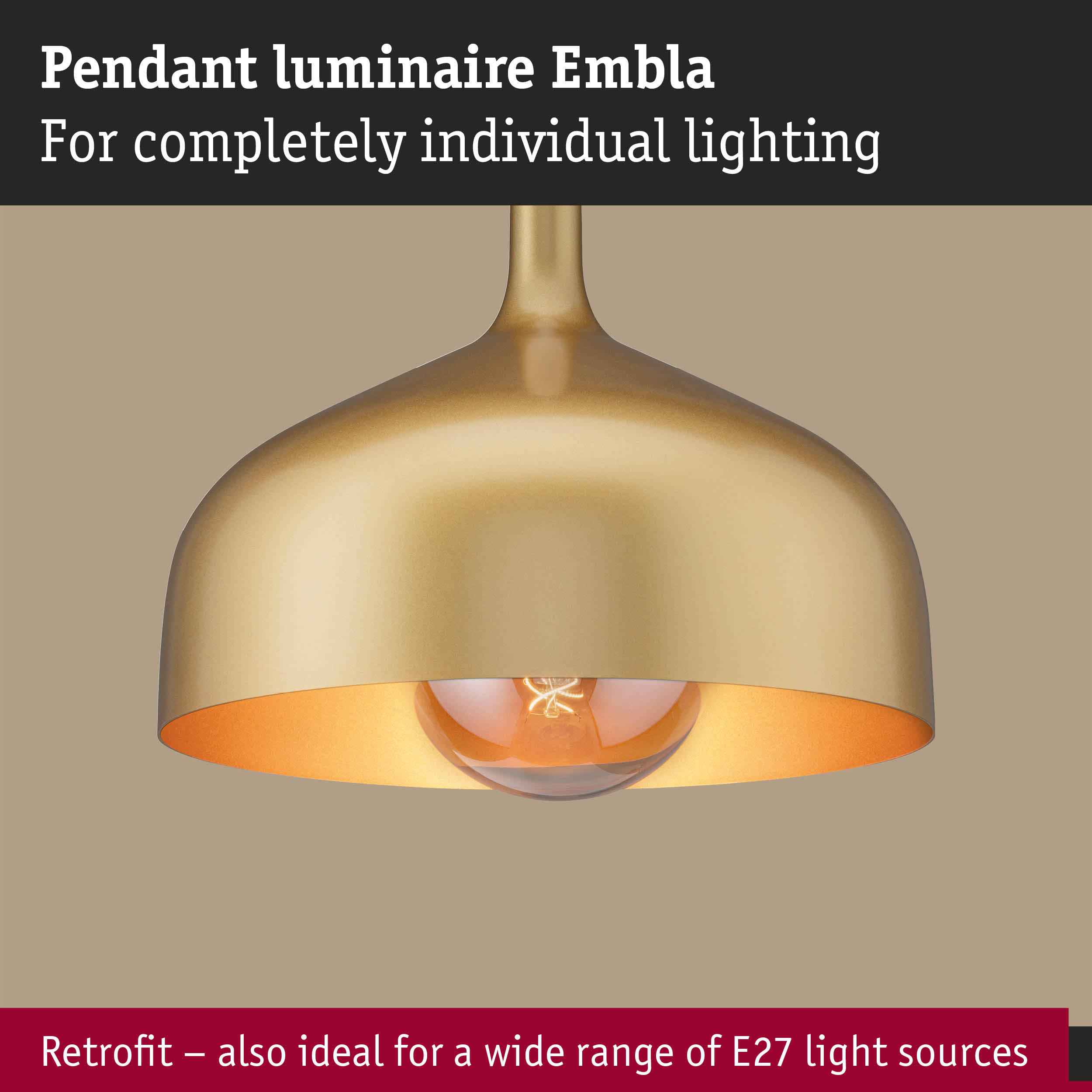 Gold metal Embla pendant luminaire with E27 socket for versatile lighting solutions