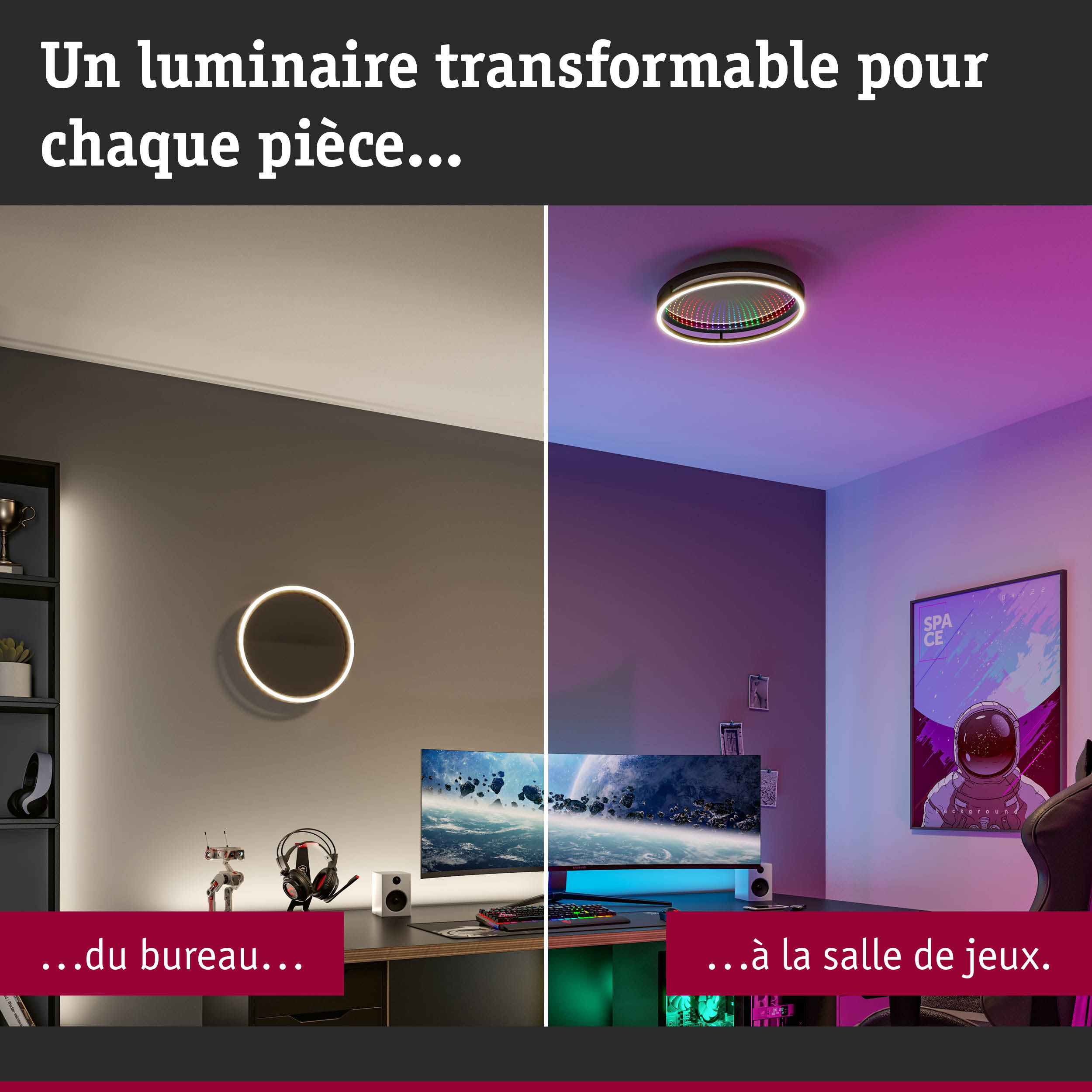 Luminaire mural et plafond à anneau LED blanc, transformable pour bureau et salle de jeux