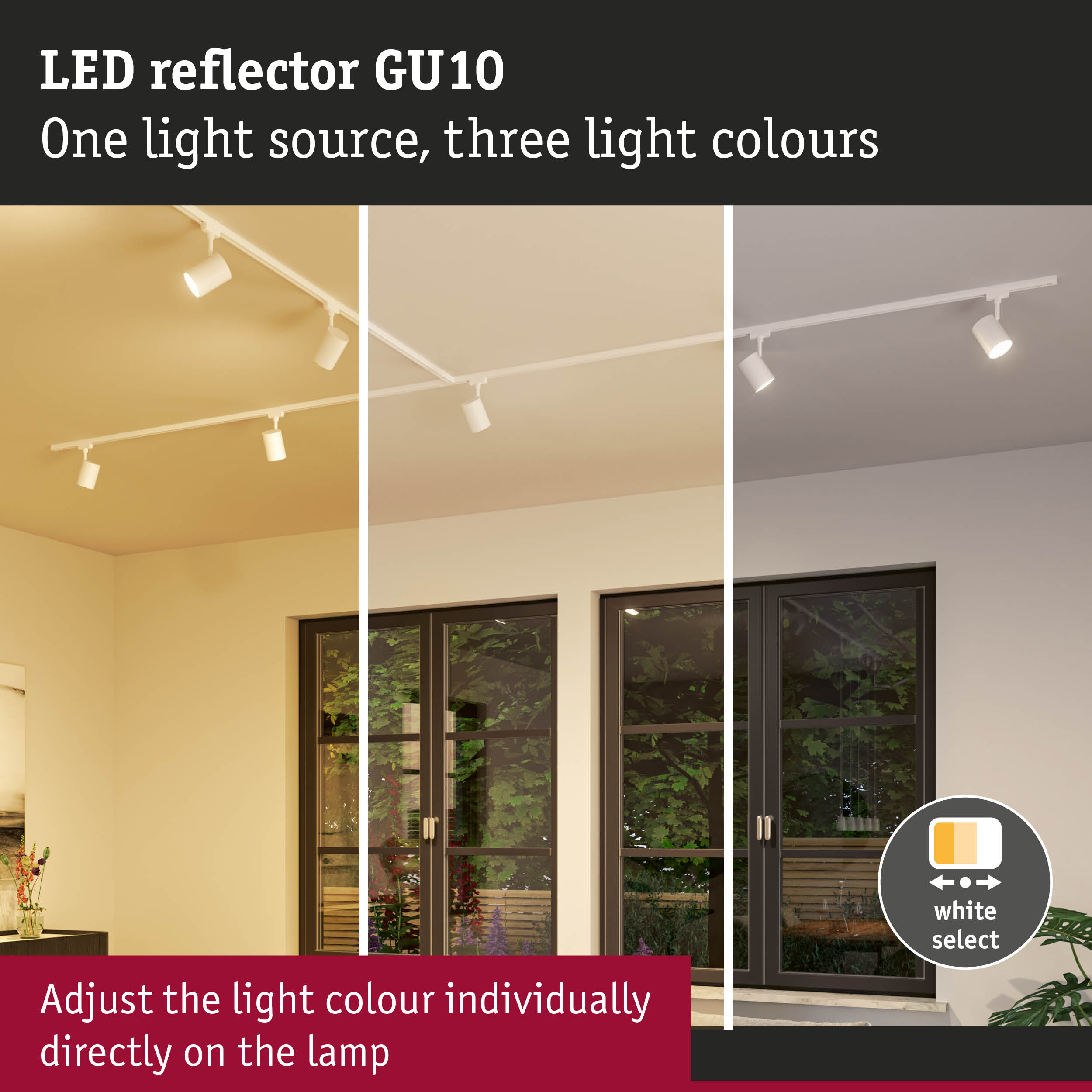 White LED reflector GU10 with three adjustable light colours for customizable room lighting