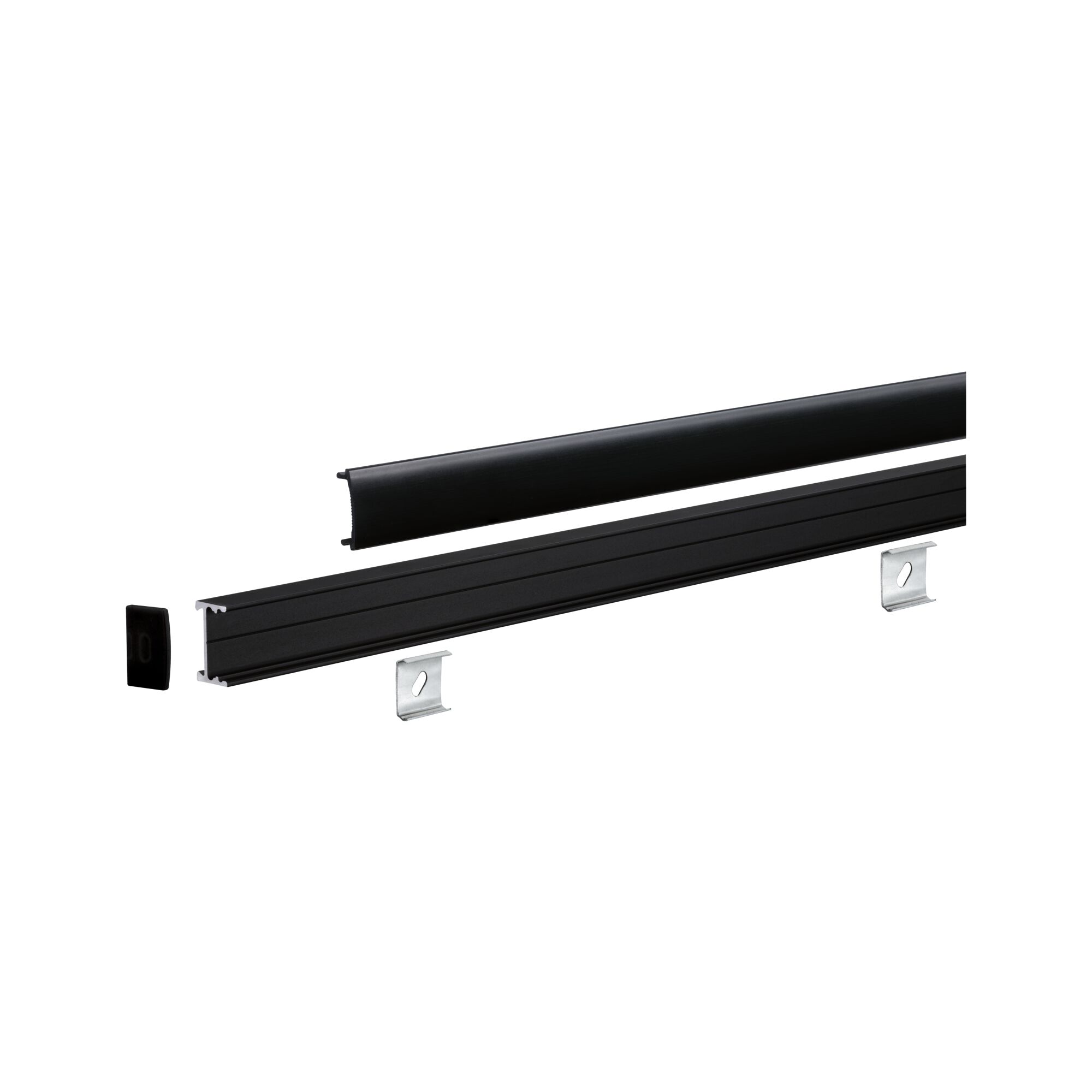 Black aluminum profile with cover and brackets for LED strip lighting installation