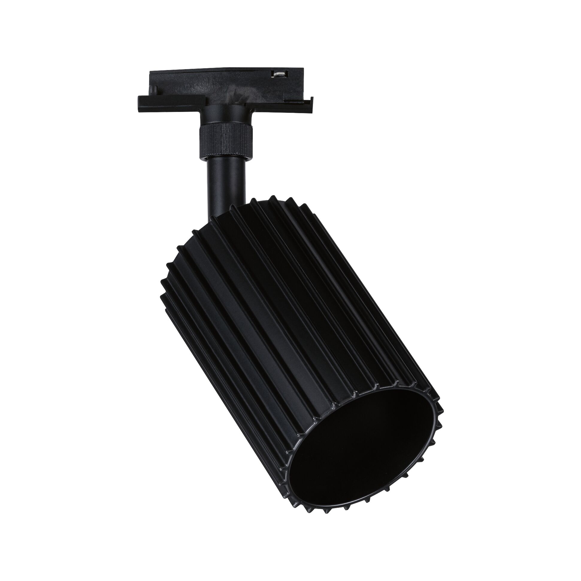 Black aluminium LED track spotlight with ribbed housing, modern adjustable lighting for rail systems