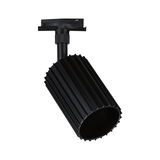 Black aluminium LED track spotlight with ribbed housing, modern adjustable lighting for rail systems