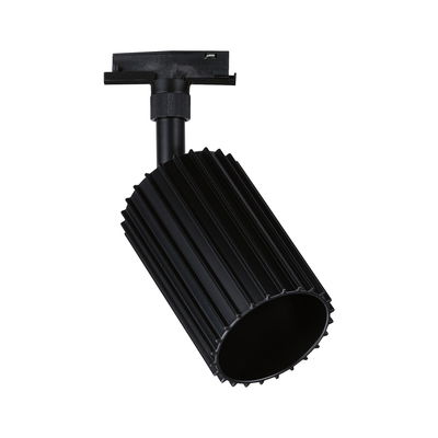 Black aluminium LED track spotlight with ribbed housing, modern adjustable lighting for rail systems