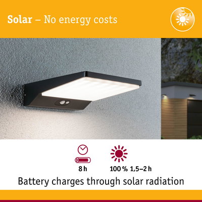 Black solar wall light with motion sensor on grey wall, energy-saving outdoor lighting