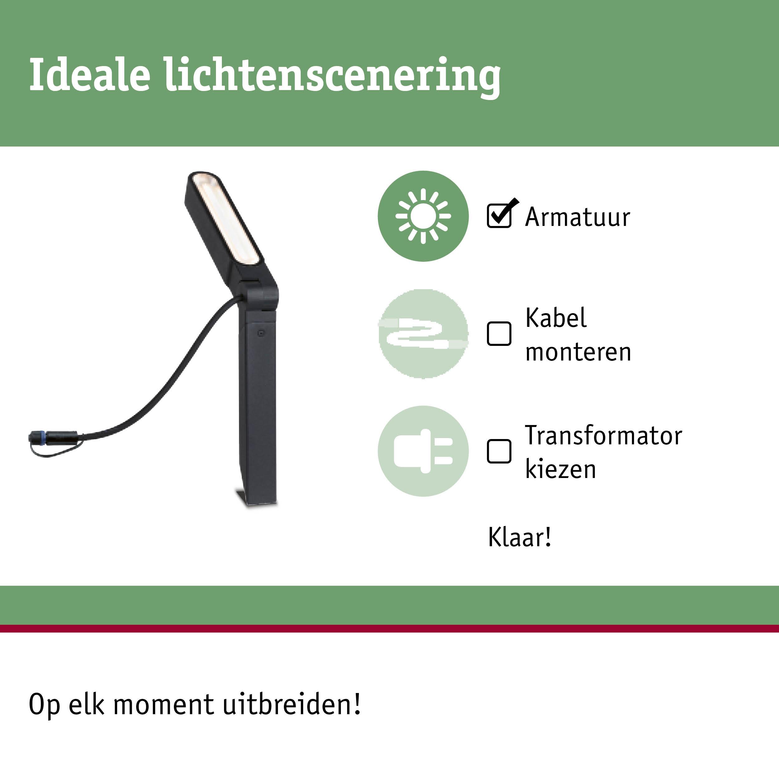 Zwarte LED-buitenlamp met kabelverbinding voor eenvoudige montage en uitbreidbare verlichting