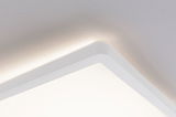 Square white ceiling light with indirect LED glow for modern room lighting.