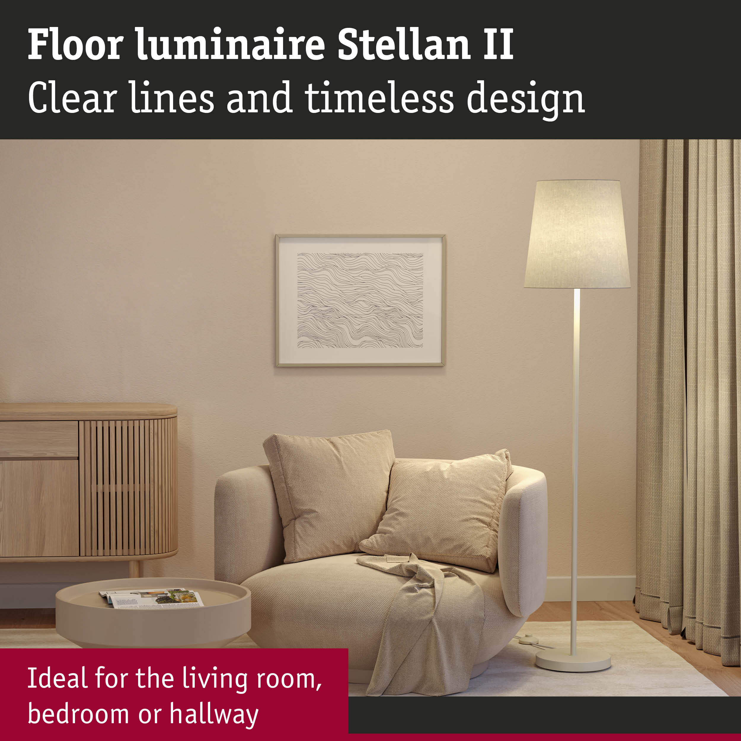 White Stellan II floor lamp with clear lines, perfect for living room, bedroom or hallway lighting