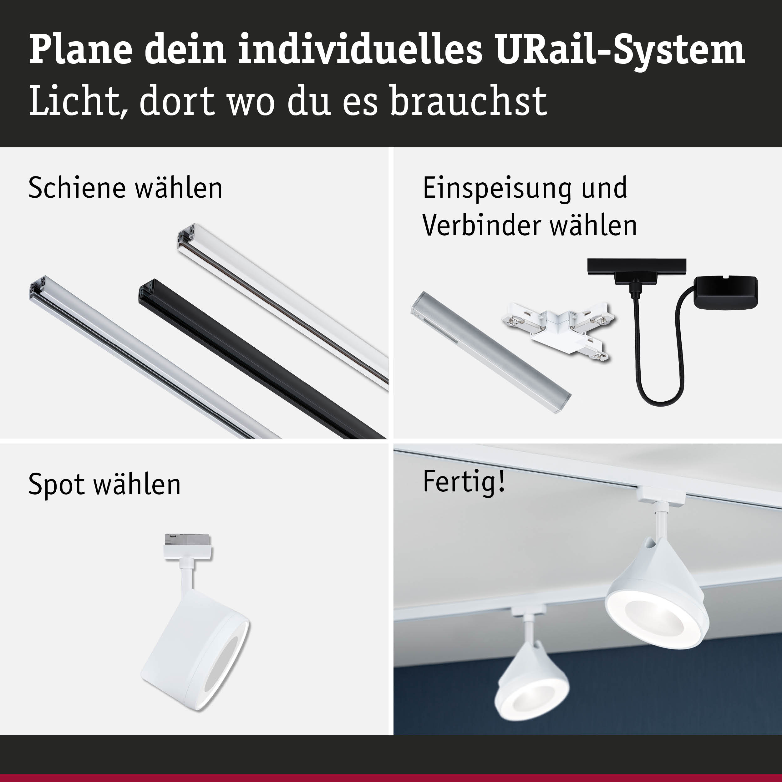 Modulares URail-Schienensystem mit weißen und schwarzen Schienen, Steckern und weißen Spots für flexible Beleuchtung