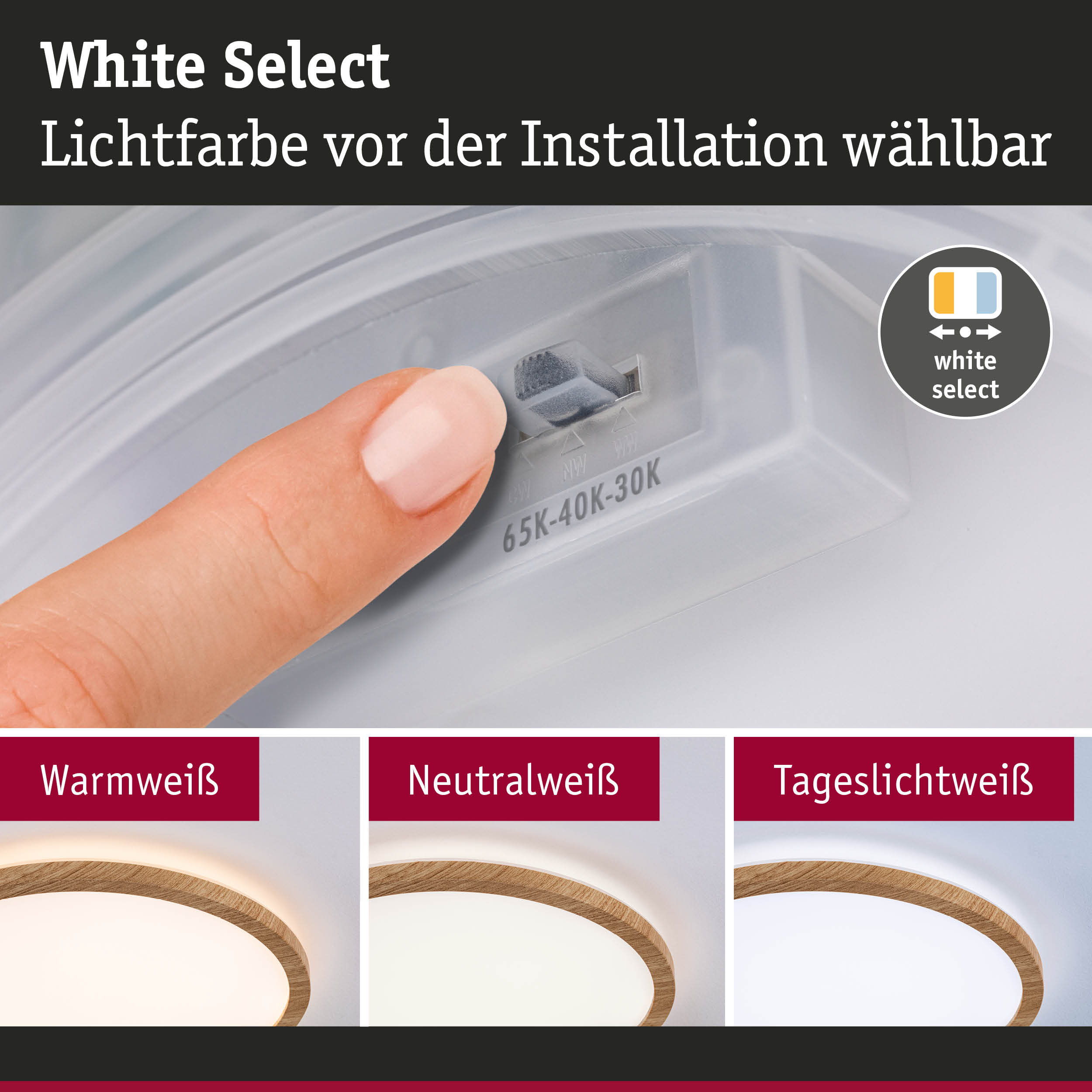Finger stellt Lichtfarbe an weißem LED-Leuchtmittel mit Holzrand ein, wählbare Farbtemperatur