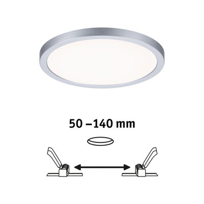 Round LED ceiling light with silver aluminum frame and 50-140 mm installation size for modern room lighting
