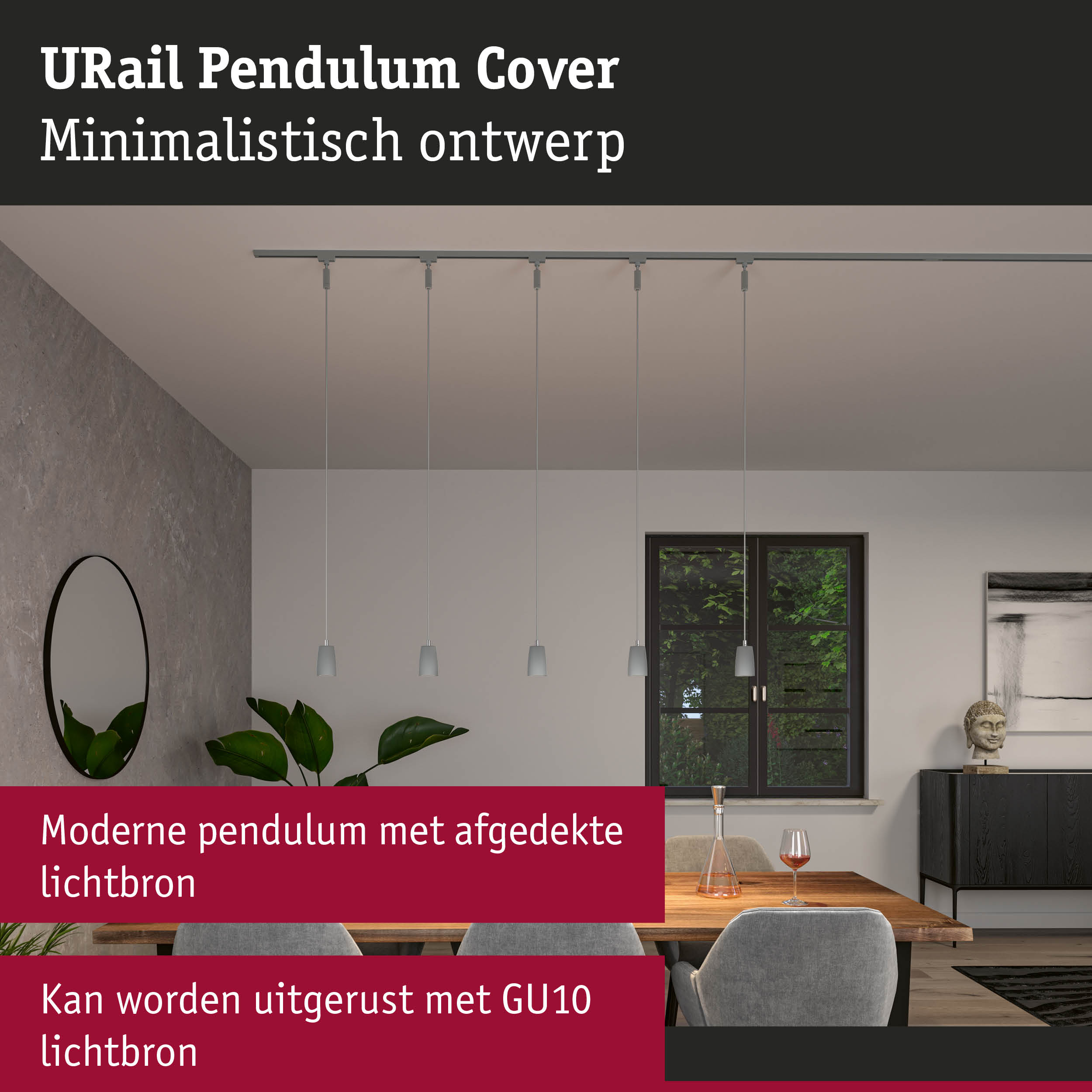Minimalistische URail Pendulum Cover in grijs met afgedekte lichtbron voor moderne LED-verlichting