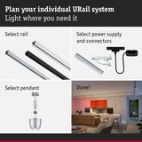 Modular URail aluminum rail system with power supply and pendant light for customizable room lighting solutions