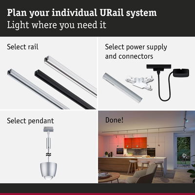 Modular URail aluminum rail system with power supply and pendant light for customizable room lighting solutions