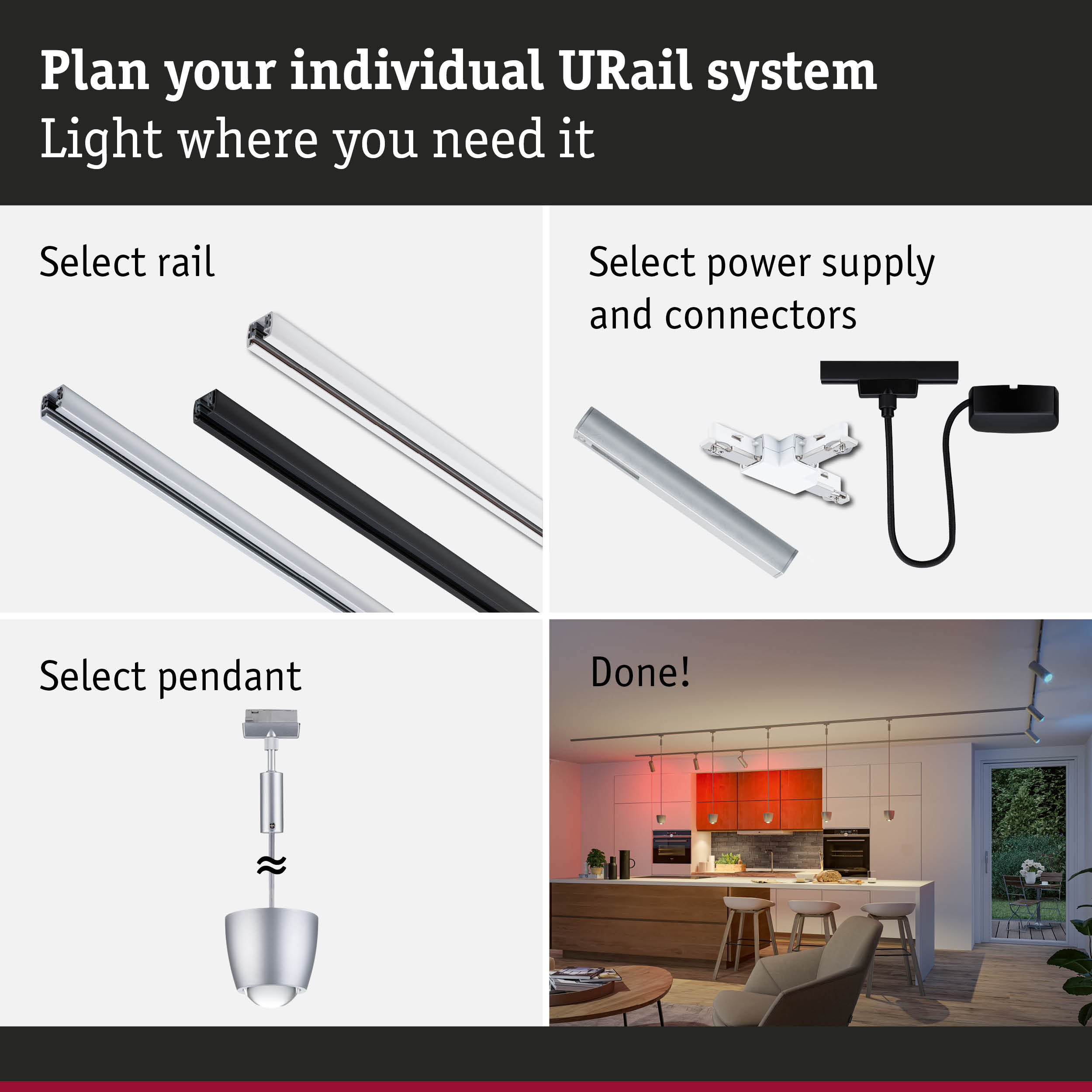 Modular URail track system with selectable rails, power supply, and pendant lights for flexible lighting
