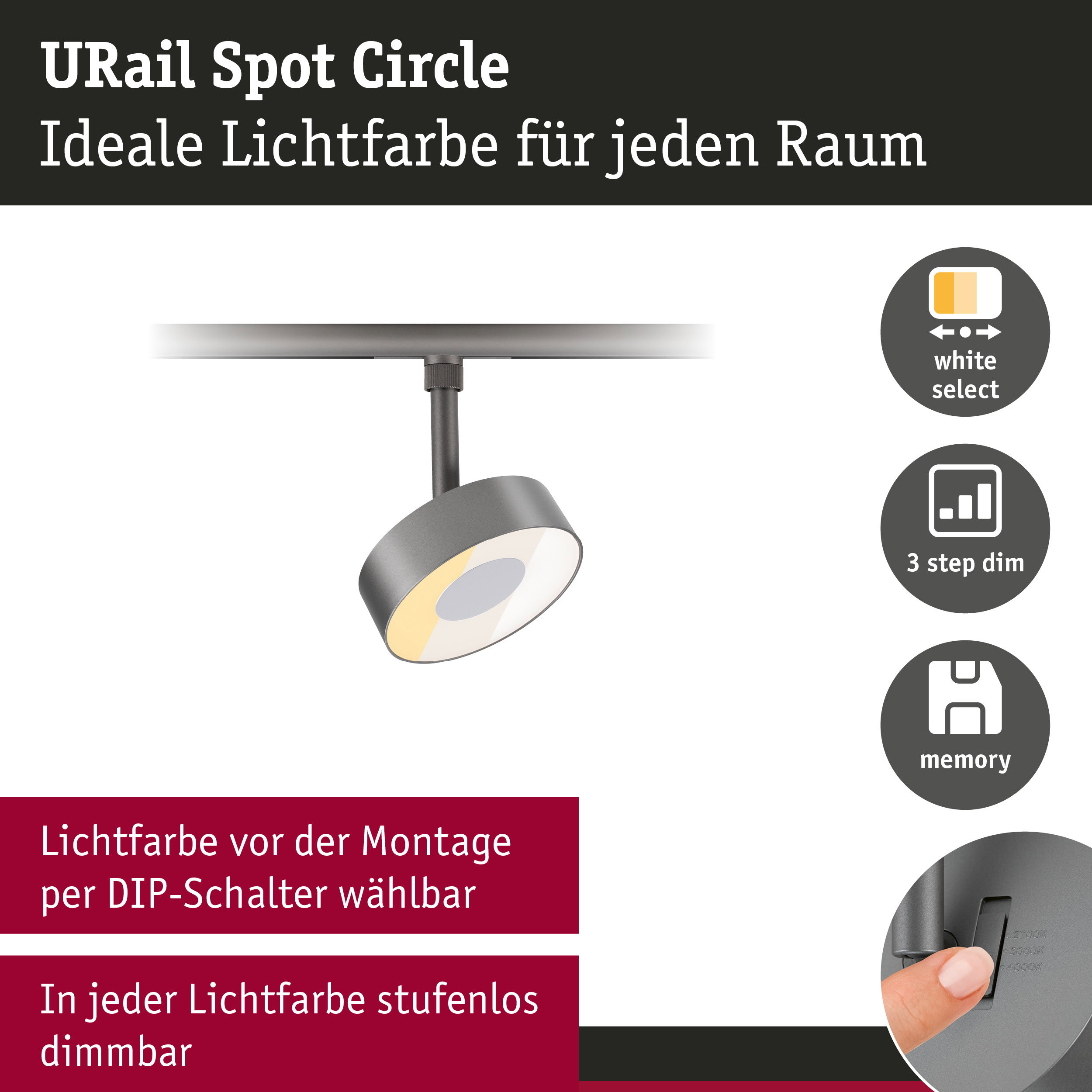 URail Schienenspot 3-Step-Dim Circle 220lm 3W White Select dimmbar 230V Titanium