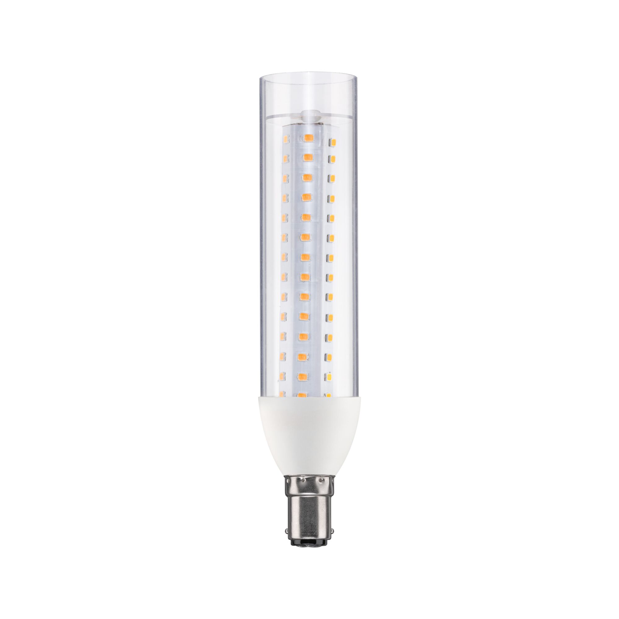 LED bulb with transparent plastic cover and white base, energy-saving light source