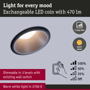Recessed LED spotlight with exchangeable LED coin, dimmable in 3 levels, warm white light 2700K