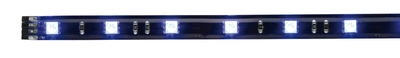 Blue LED strip with white LEDs and electronic components for flexible lighting solutions.