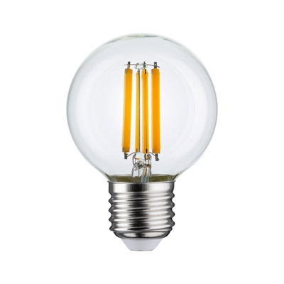 Klassische LED-Glühbirne mit transparentem Glas und sichtbaren orangen Filamenten für energiesparende Beleuchtung