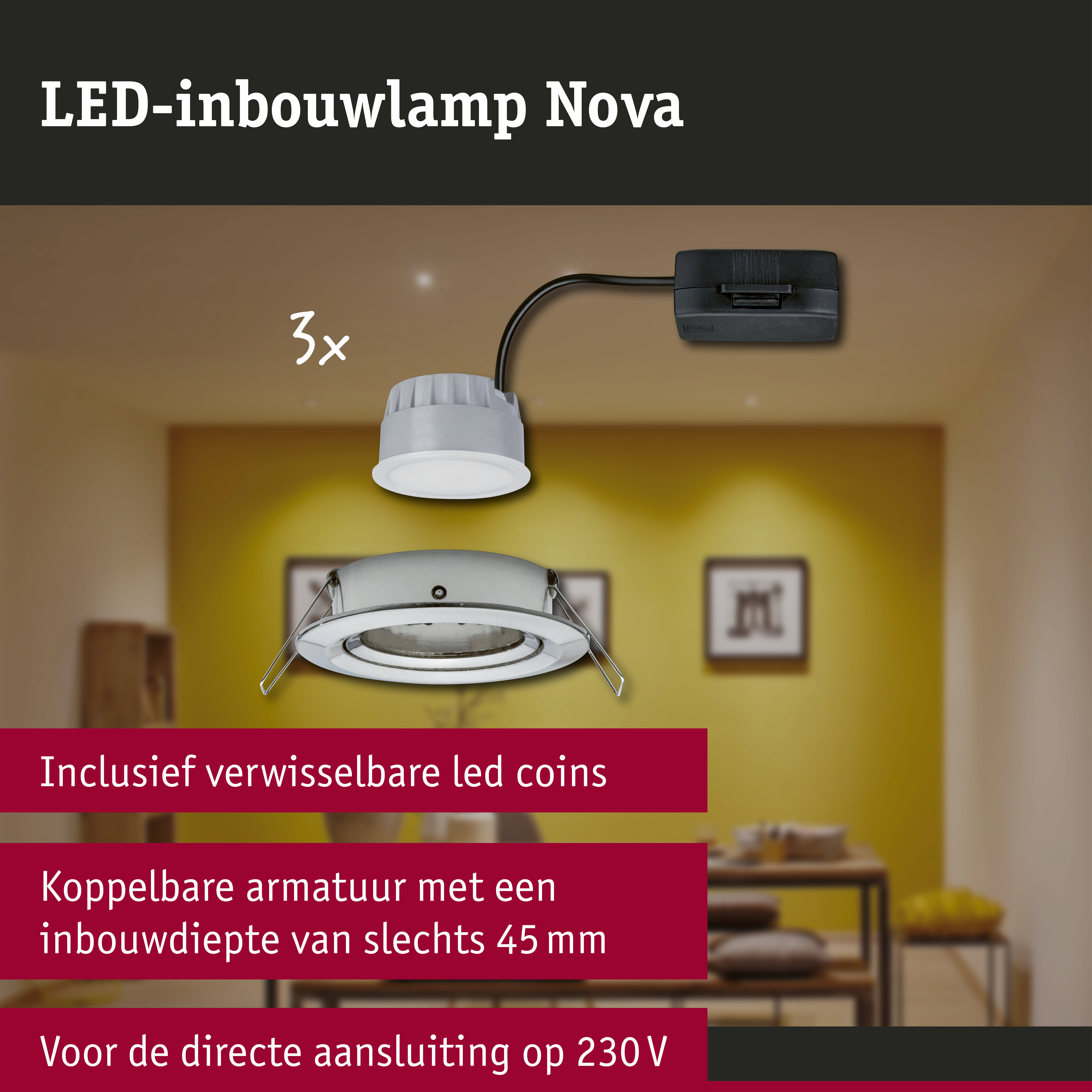 LED-inbouwlamp 3-Step-Dim Nova Coin Basisset zwenkbaar rond 84mm 50° Coin 3x6W 3x470lm 230V dimbaar 2700K Staal geborsteld