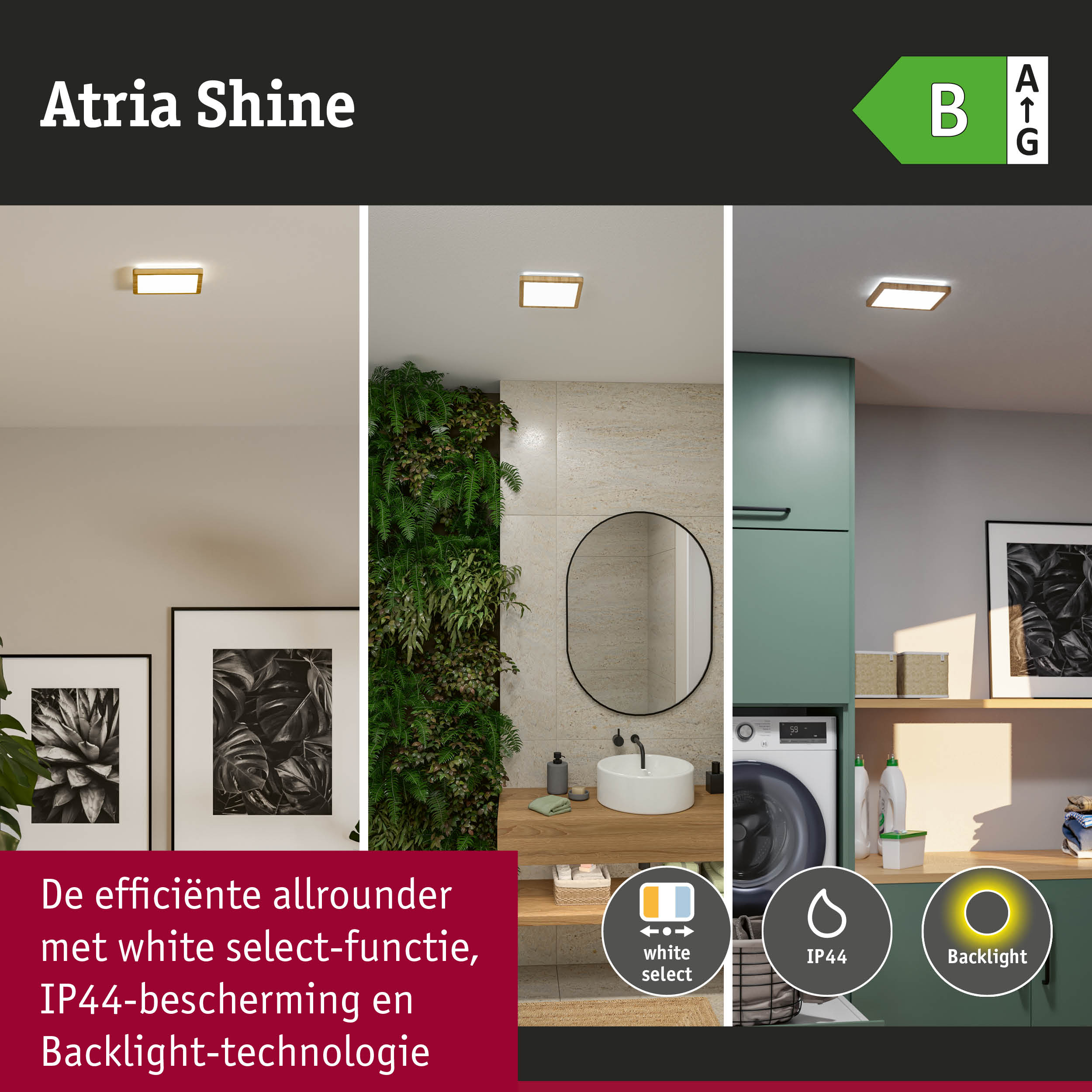 Atria Shine LED-plafondlamp met houten frame in warm wit, energiezuinig met IP44 bescherming