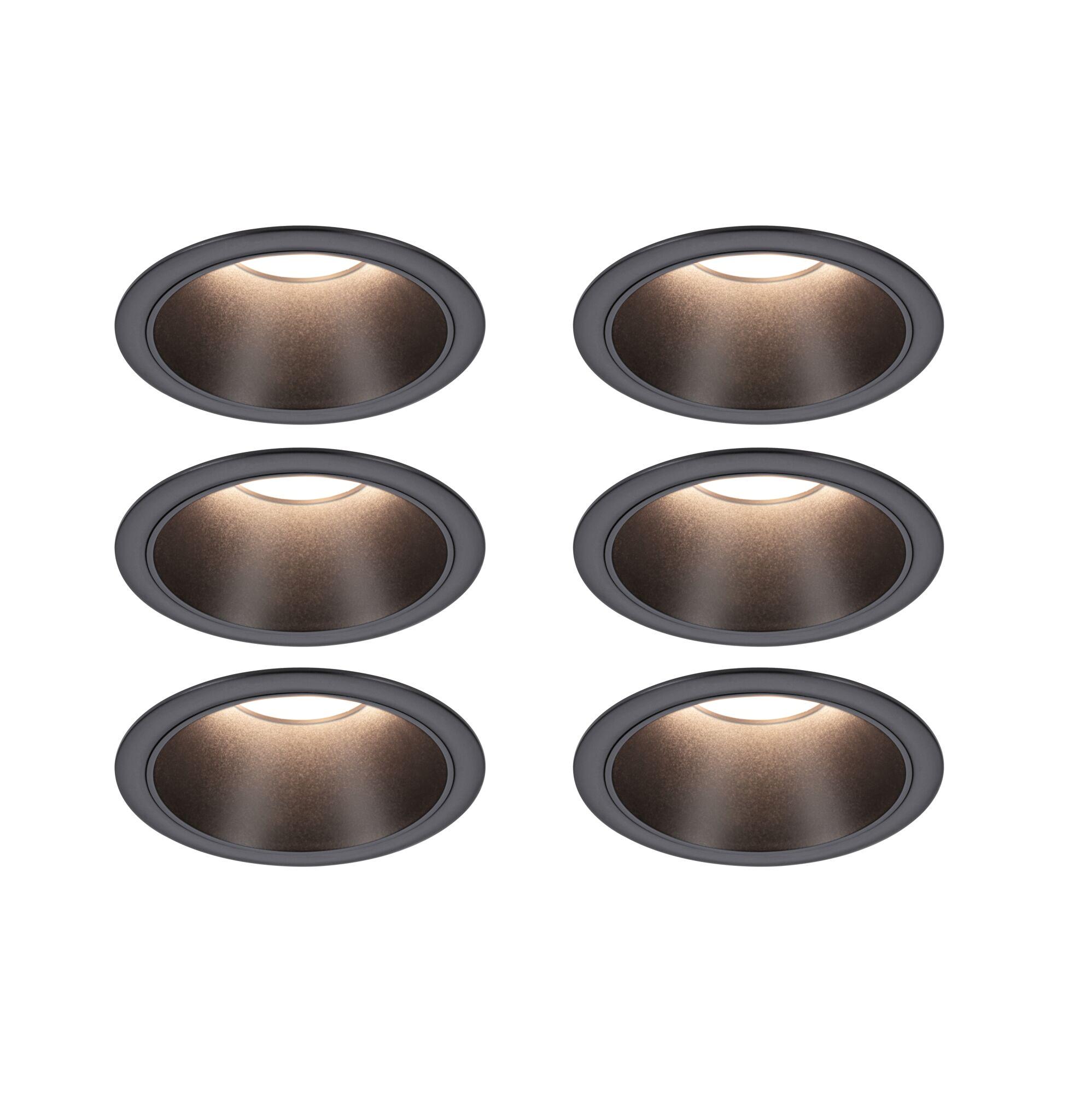 Set LED Downlight Cole Coin 6-piece set IP44 88mm Coin 6x6W 6x470lm 230V dimmable 2700K Black matt Six round recessed spotlights in matte black aluminium with warm white LED lighting