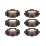 Six round recessed spotlights in matte black aluminium with warm white LED lighting