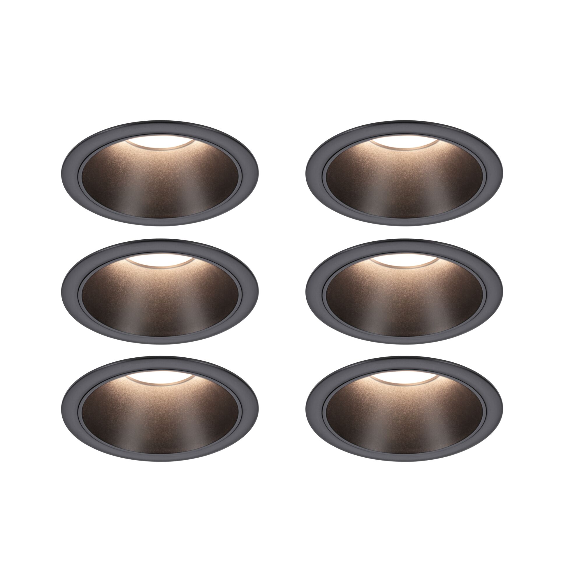 Six spots encastrés ronds en aluminium noir mat avec éclairage LED blanc chaud