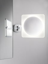 Modern wall mirror with adjustable chrome arm and white LED lighting for bathroom use.