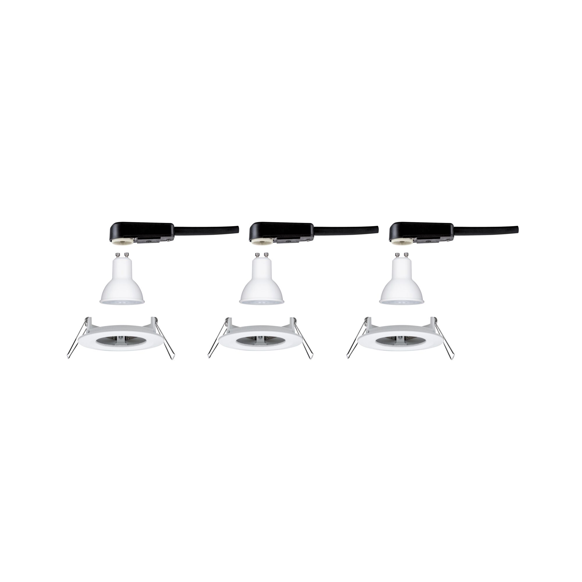 Tre hvide LED-indbygningsspots med GU10 fatning og sort kabel til moderne belysning