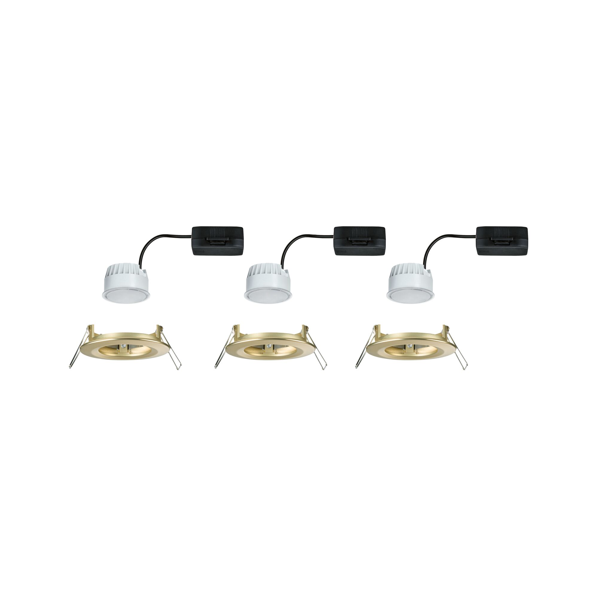 Three gold metal recessed spotlights with white LED modules and black cables for home lighting solutions