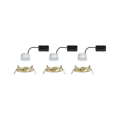 Three gold metal recessed spotlights with white LED modules and black cables for home lighting solutions