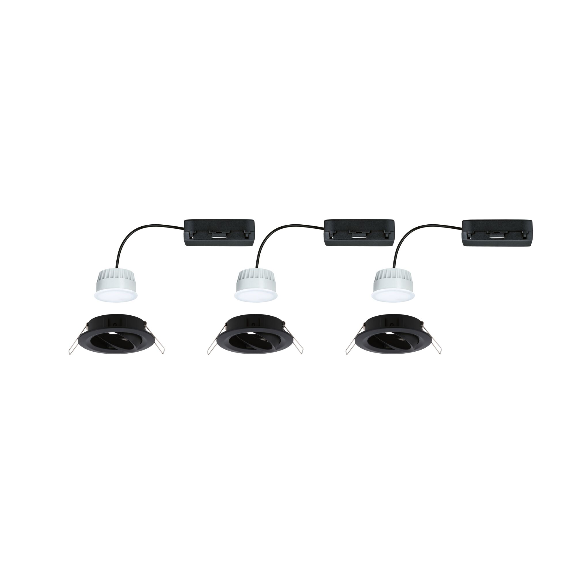 Three white LED recessed spotlights with black mounting frames and connection boxes for modern indoor lighting