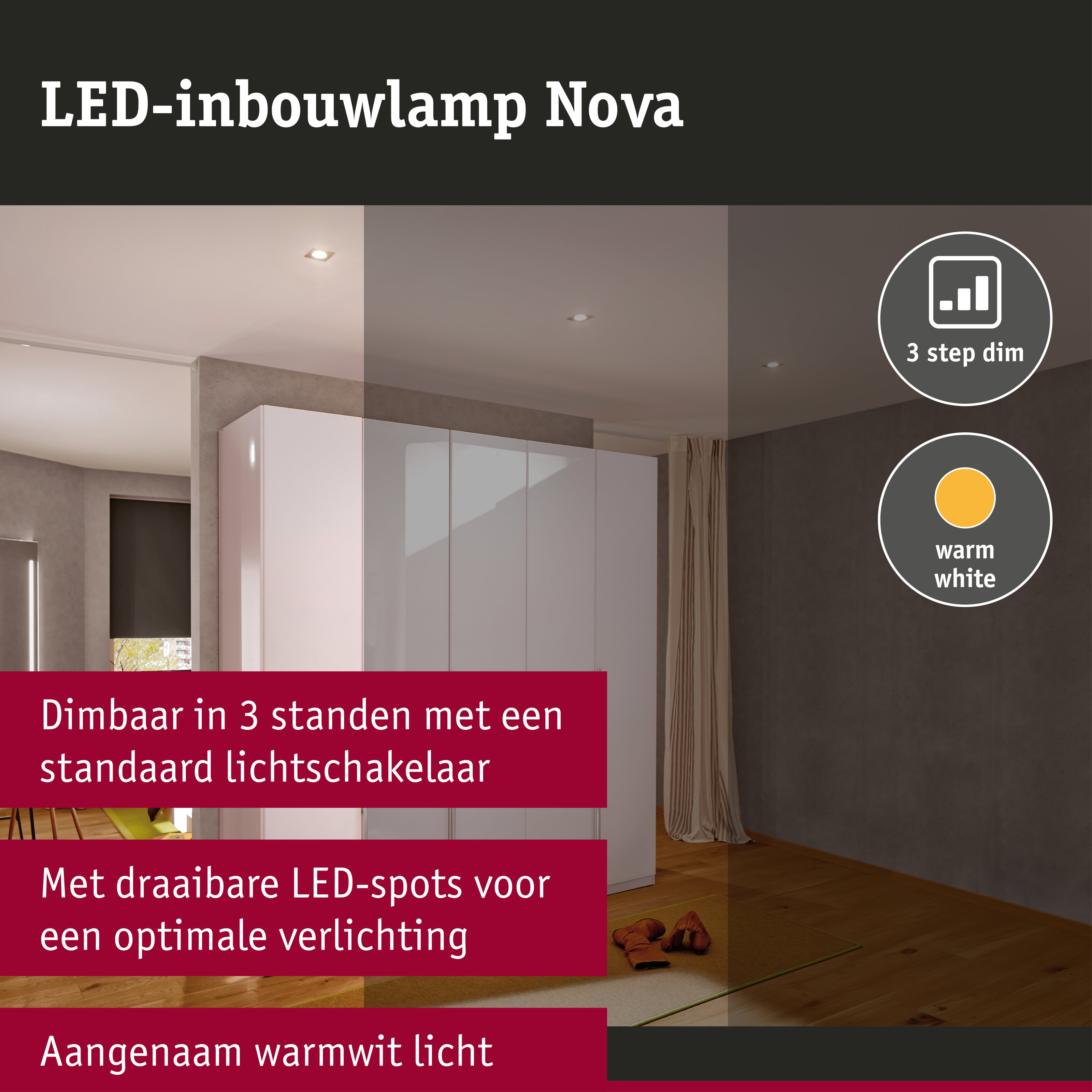 LED-inbouwlamp 3-Step-Dim Nova Coin Basisset zwenkbaar hoekig 84x84mm 50° Coin 3x6W 3x470lm 230V dimbaar 2700K Wit mat
