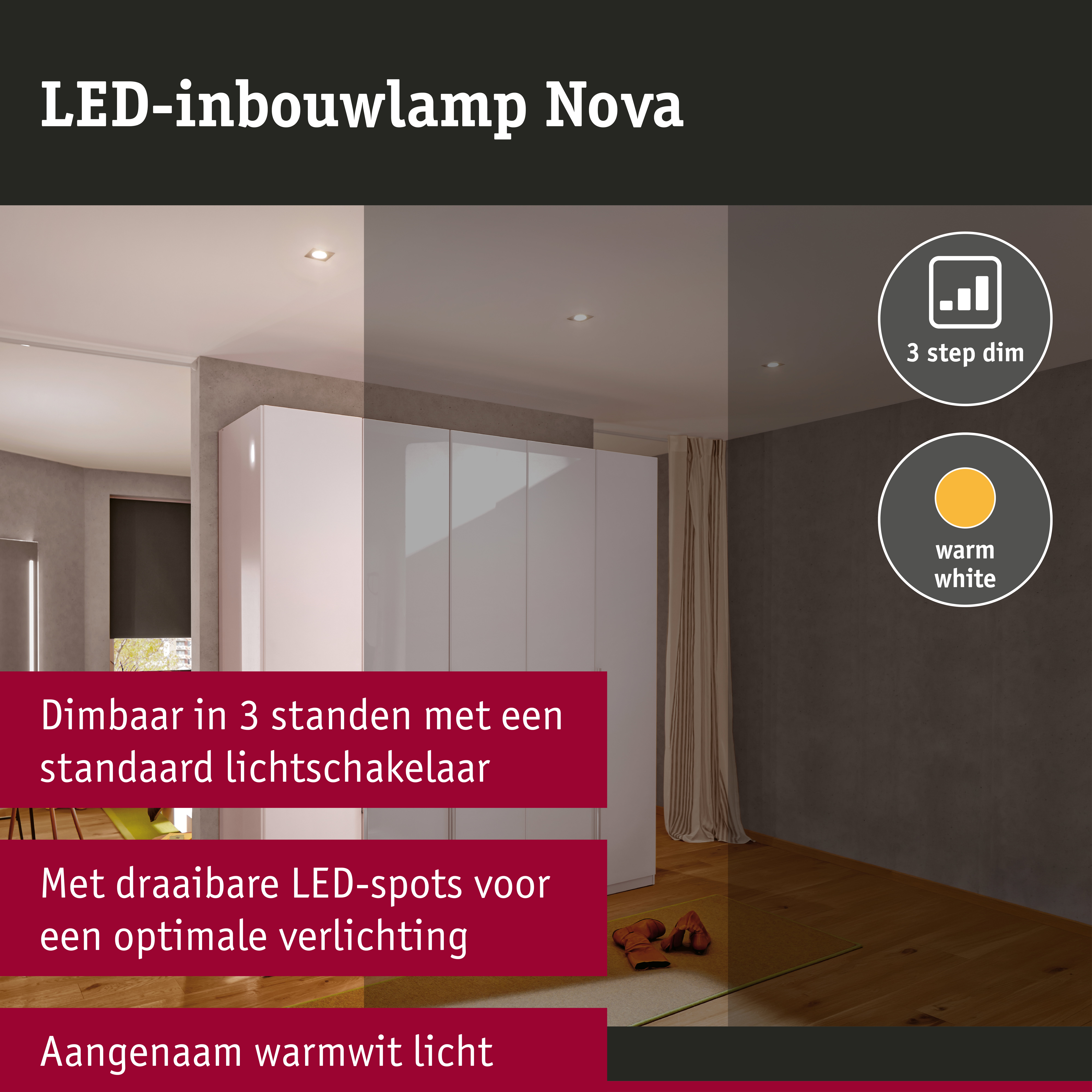 LED-inbouwlamp 3-Step-Dim Nova Coin Basisset zwenkbaar hoekig 84x84mm 50° Coin 3x6W 3x470lm 230V dimbaar 2700K Wit mat