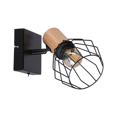 Wandspot mit schwarzem Metallgitter und hellem Holzgehäuse, moderner LED-Lampenhalter für Wohnzimmer.