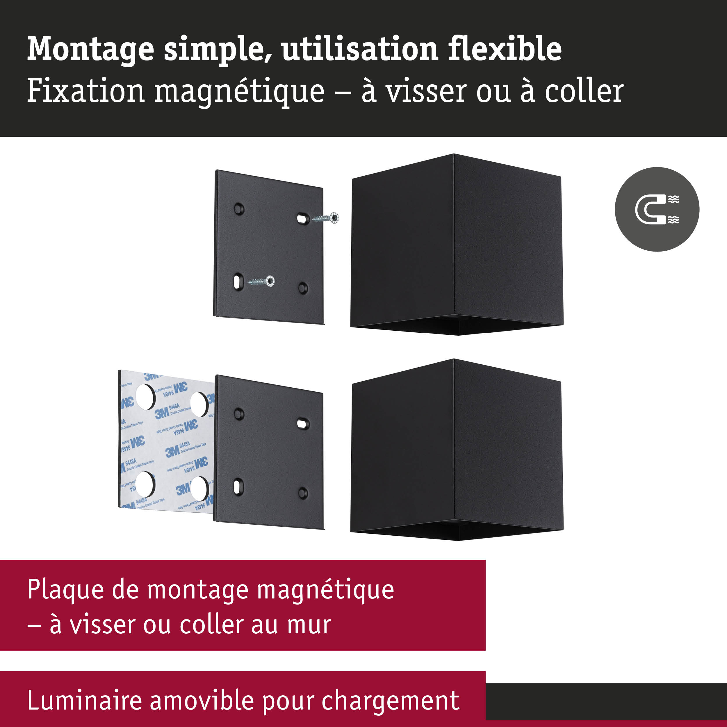 Plaque de montage magnétique noire avec vis et adhésif pour fixation murale flexible