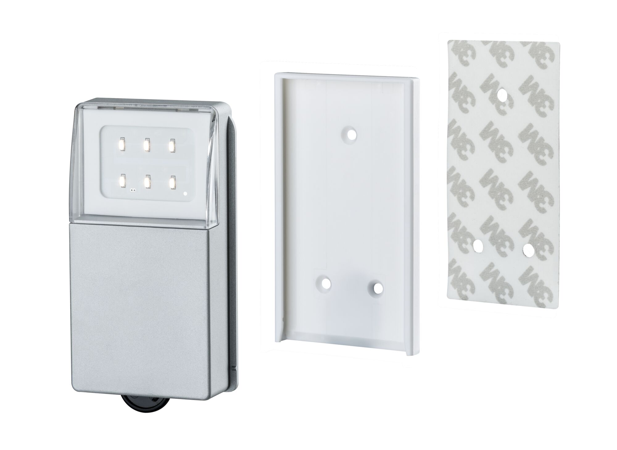 Silver LED night light with six white LEDs and white wall mount including 3M adhesive pad