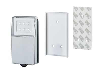 Silver LED night light with six white LEDs and white wall mount including 3M adhesive pad