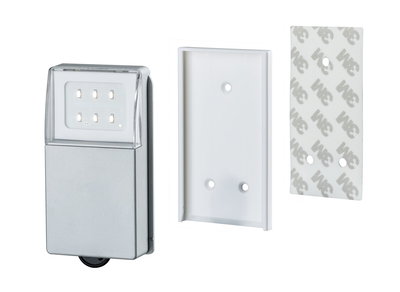 Silver LED night light with six white LEDs and white wall mount including 3M adhesive pad