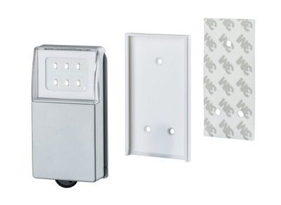 Silver LED night light with six white LEDs and white wall mount including 3M adhesive pad