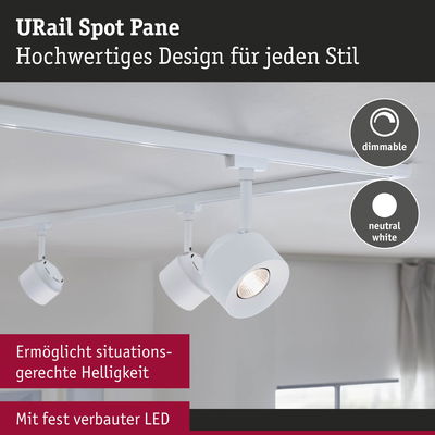 Weißer URail Spot Pane LED-Strahler mit dimmbarer neutralweißer Beleuchtung an Decke montiert