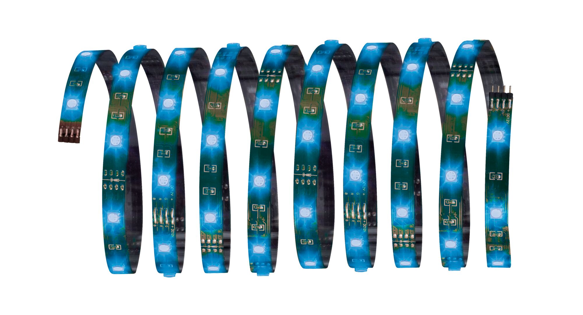 Bande LED flexible bleue avec lumières blanches, idéale pour éclairage décoratif et accents.